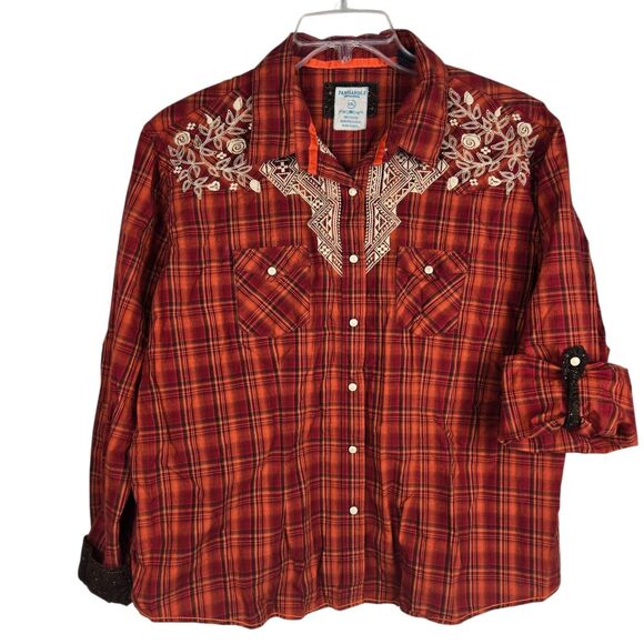 Panhandle Rough Stock Shirt XXL Snap Button Embroider Plaid Orange Red Flip Cuff - Picture 3 of 9